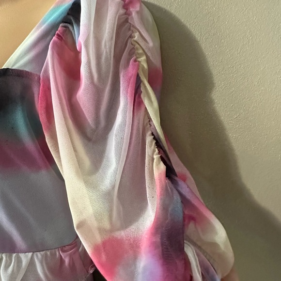 Topshop Floral Spray Paint Pink and Blue Mini Tea Dress with Ruffled Sleeves - Picture 5 of 9